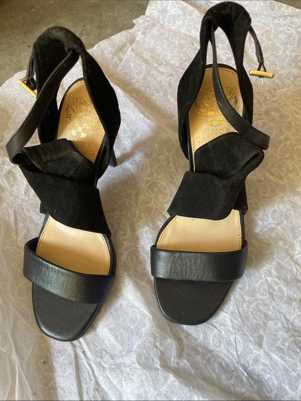Vince Camuto Black Suede & Leather Twist-Strap Heels